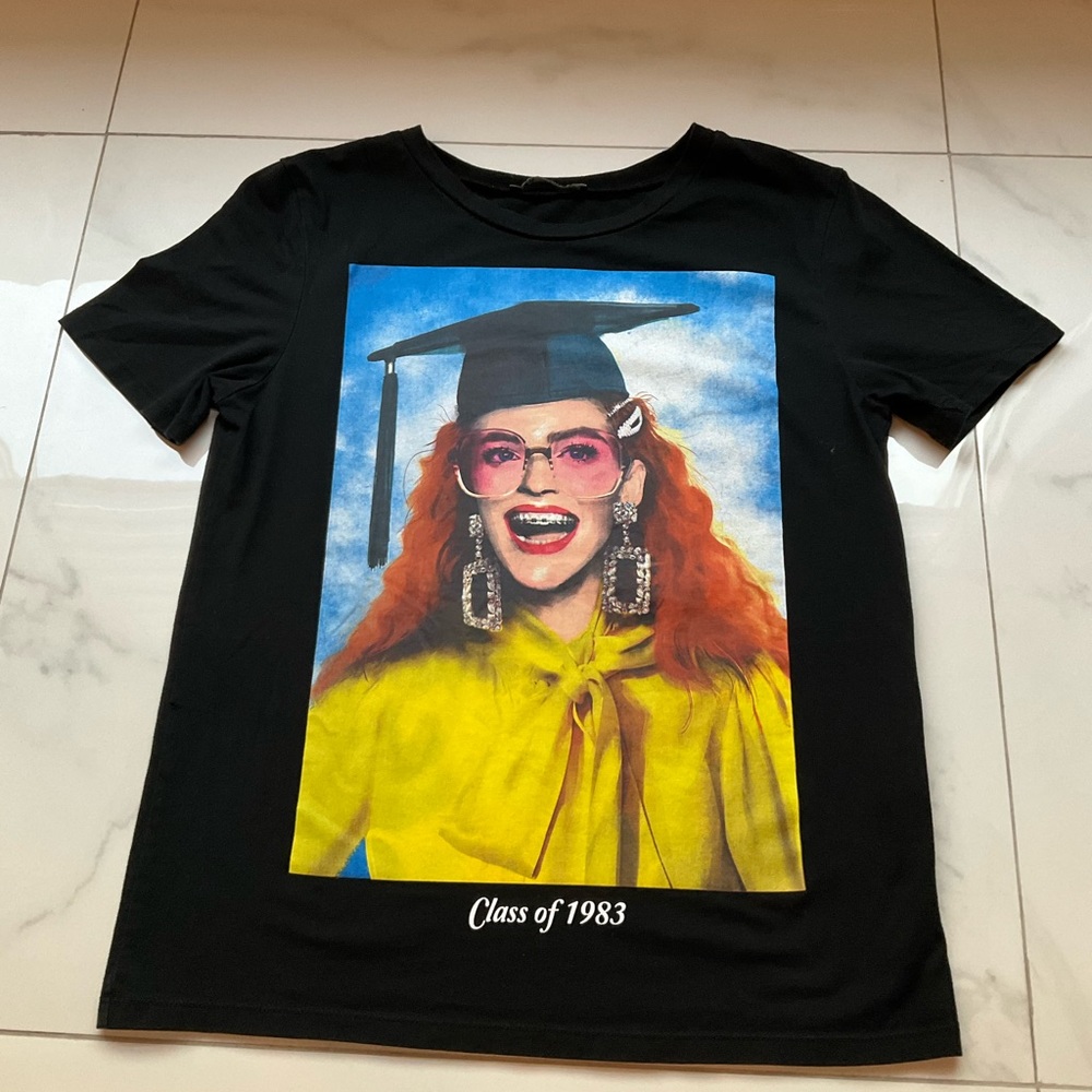 Zara women’s black tee clash of 1983 image.